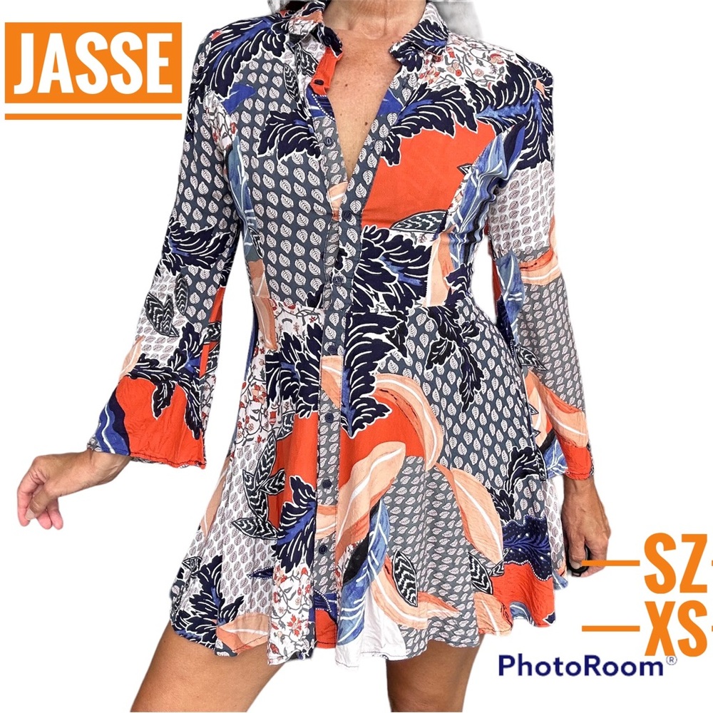 Jasse Anthropologie boho black,white,orange,multicolor bell sleeve mini dress XS
